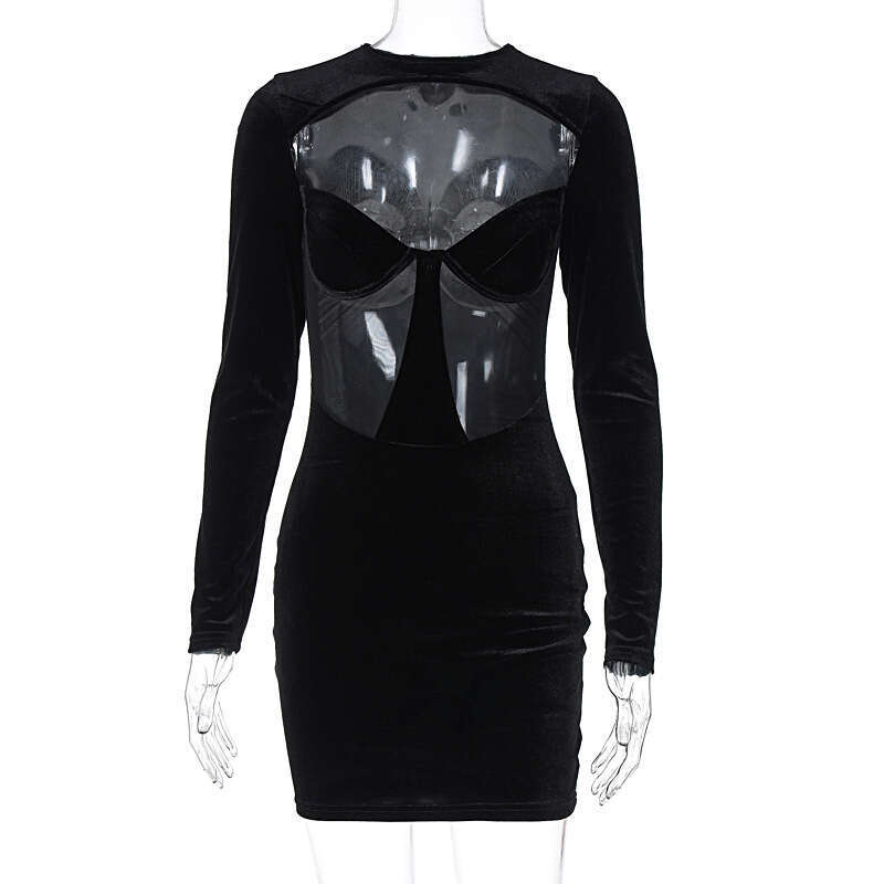 Hot selg women's winter product sexy hollow out perspective slim fit long sleeved hip hing dress wholesale 2025 temperament versatile new trend c