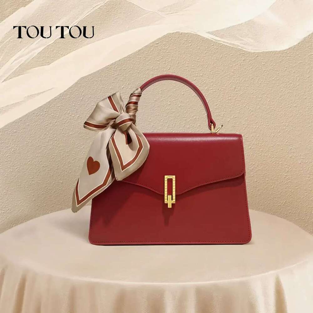 TOUTOU Cowhide Women Handbag Vintage Original Wedding Large Capacity Red Bridal Shoulder Crossbody Bag Christmas Gift