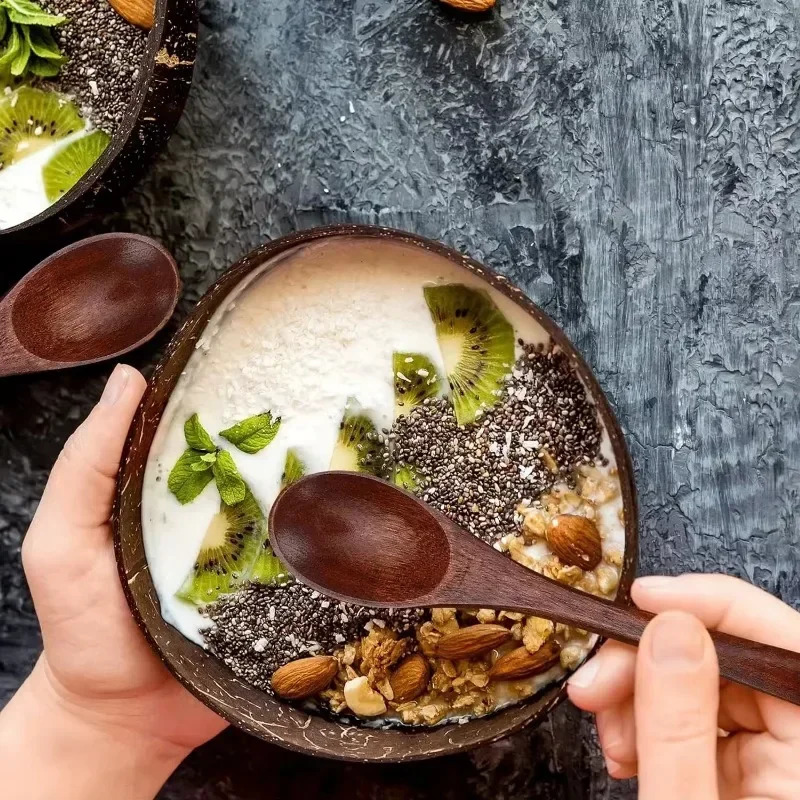 Wholesale Natural Coconut Bowls For Serving Dishes Salad Oatmeal Yogurt Reusable Wooden Coconut Shell Bowl Kitchen Tableware Set 250206