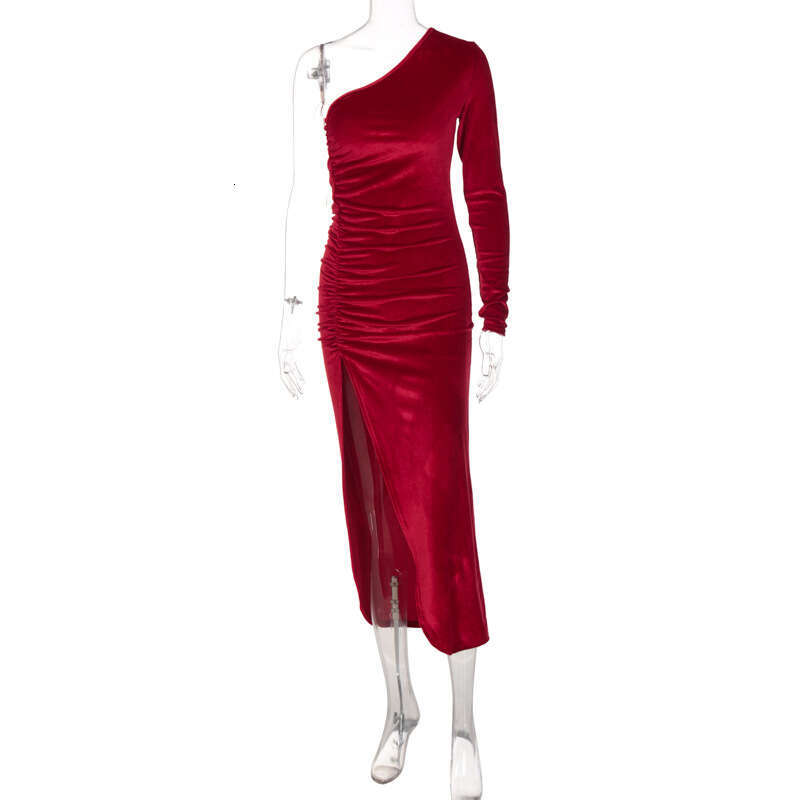European American women's spring autumn fashion slanted shoulder long sleeved slim fit pleated slit dress factory batch 2025 new style chic and e