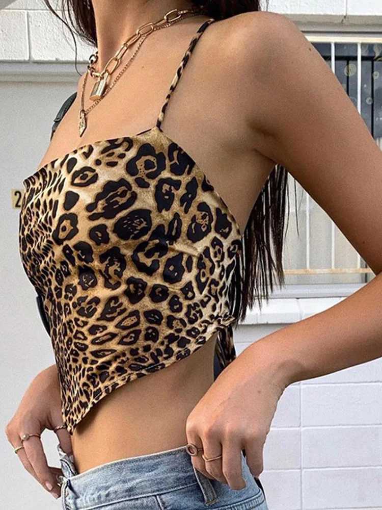 Leopard Pattern Women Tank Tops Backless Sexy Rave Outfits Sveless Cross Lace Up Bralette Crop Top Summer StreetwearXJ250212