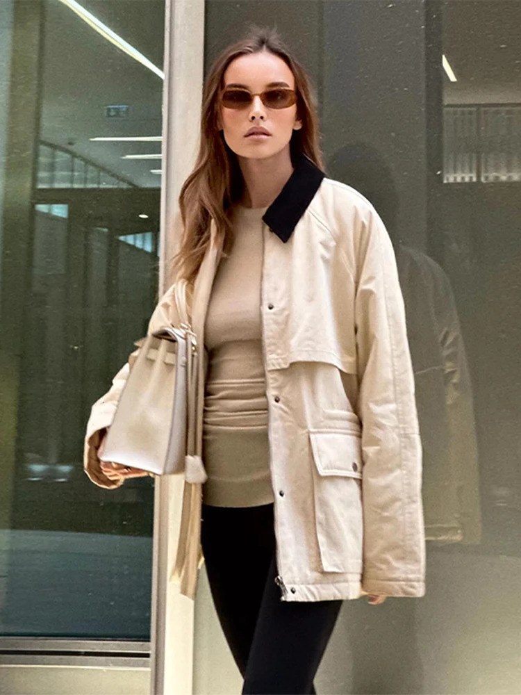 Contrast Lapel Womens Jackets Casual Long Sleeve Zipper Pocket Female Coats 2024 Autumn Winter Fashion Lady Streetwear Outwears 250120