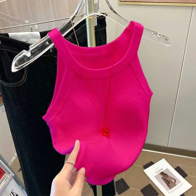 Y2k Knitted U-Neck Suspender Vest Womens Ice Silk Inner Wear Spicy Girl Camis Halter Retro Sveless Tank Crop TopXJ250212