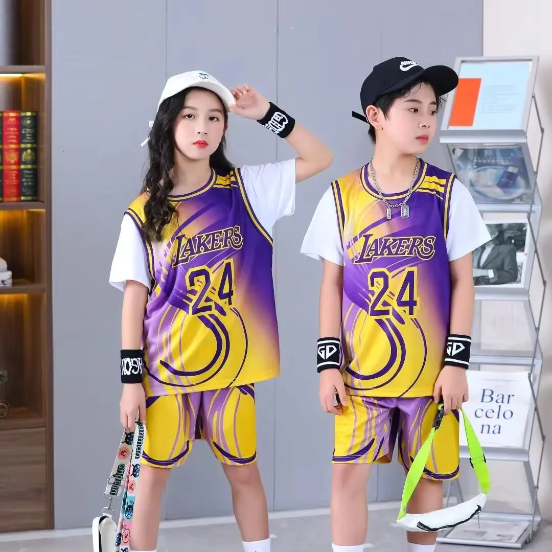 New 24/25 Children's Sports Suit #24Boys And Girls Basketball Jersey Fake Two-Piece Primary School Training Team Uniform Set