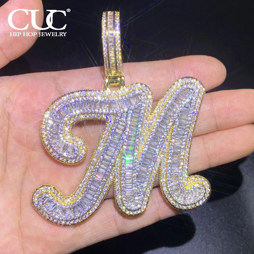 CUC Initials Baguette Cursive Letter Pendant Necklace For Men Women Iced Out Hip Hop Chain Fashion Rock Jewelry Gift A-Z 250210