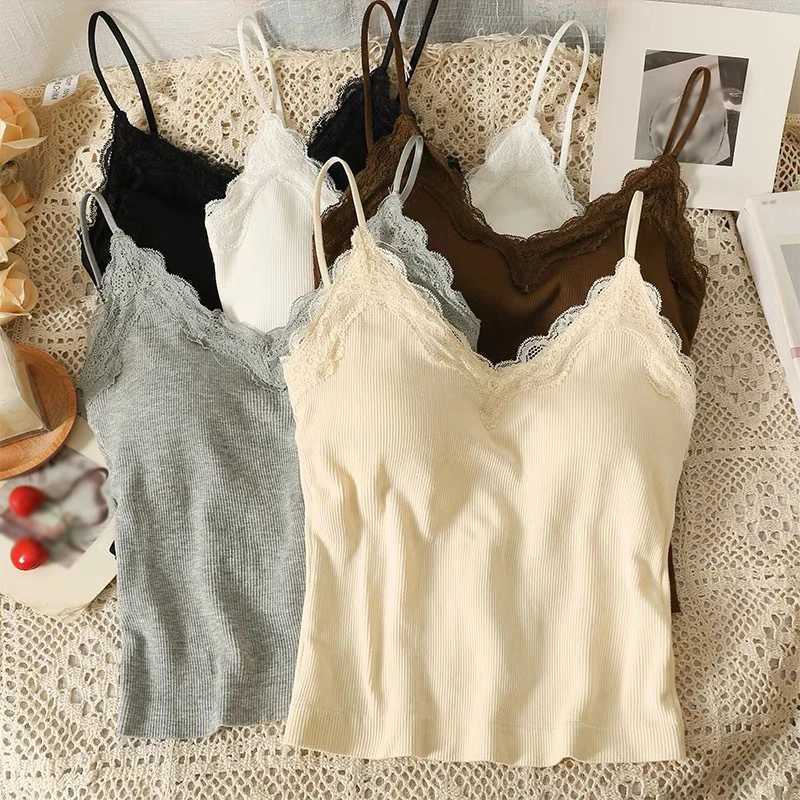 Women Sveless Tank Tops Solid Color Korean Version V Neck Slim Fashion Lace Stitching With Chest Pad CamisoleXJ250212
