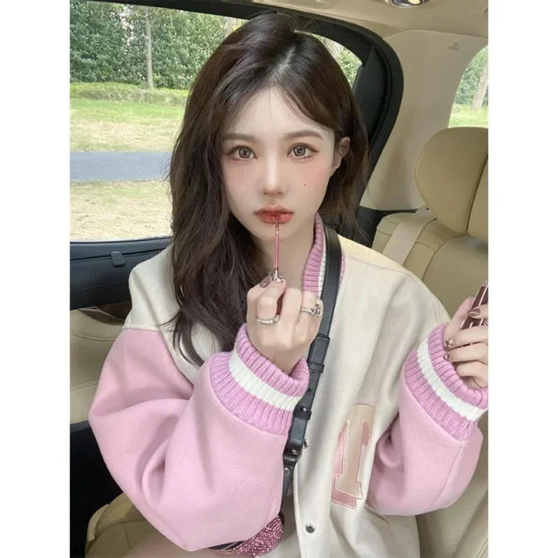 Pink Baseball Jacket for Women Y2k Streetwear Korean Fashion Oversize College Bomber Varsity Jackets Autumn Loose Coat 250212