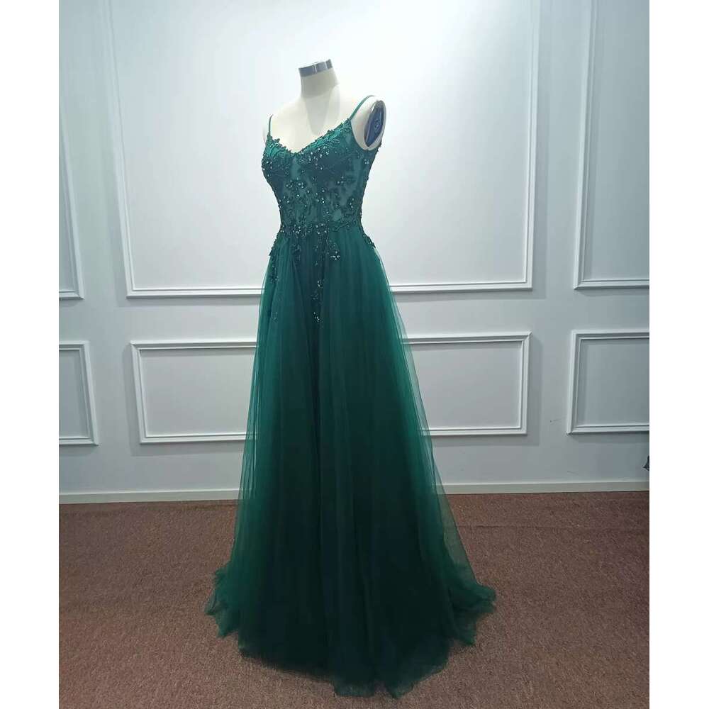 Dark Green Straps Soft Tulle Evening Dresses Beaded Sequin Appliques Crystal Formal Party Prom Gowns Vestido