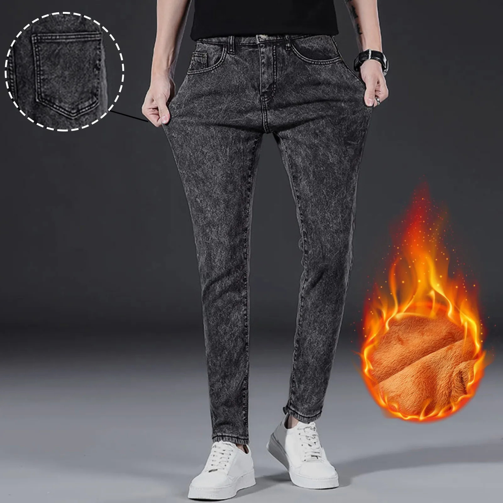 Mens Jeans Slim Stretch Work Outdoors Blue Trouser Straight Fleece Winter Thicken Plush Denim Pants Masculina 250211