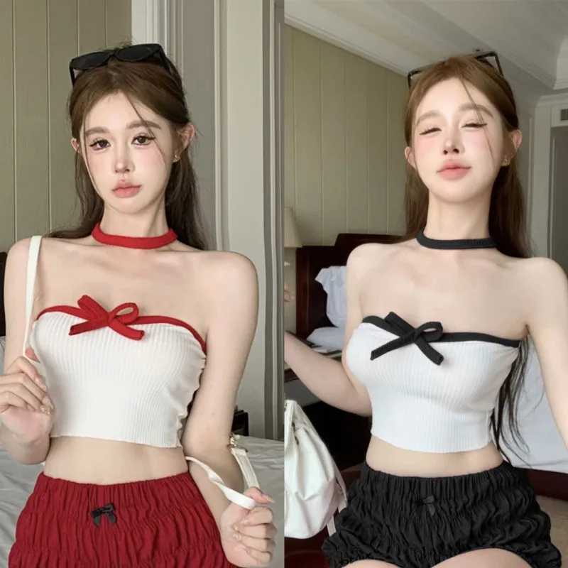 Summer Color Blocking Bow Slimming Sexy Exposed Navel Spicy Girl Short Strapless Womens Top With CollarXJ250212