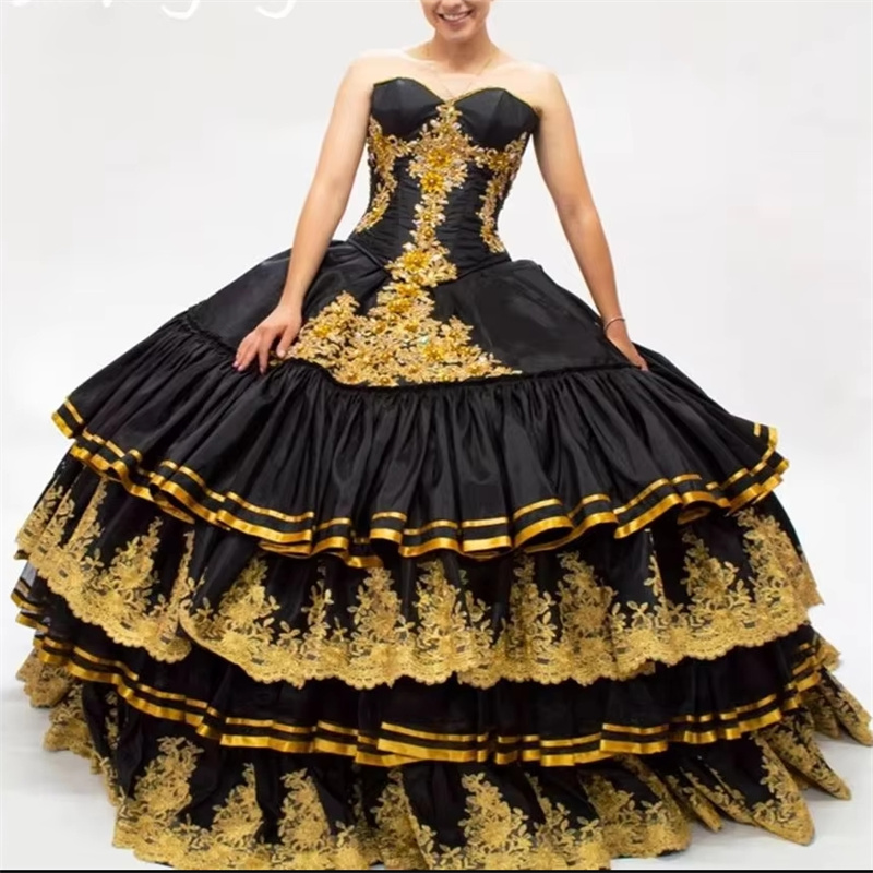 Luxury Black And Gold Vestidos De 15 Quinceanera Dress Mexican Charro Lace Birthday Party Dress Vestidos De Xv 15 Anos 2025 Sixteen Sweet 16 Dress Bal