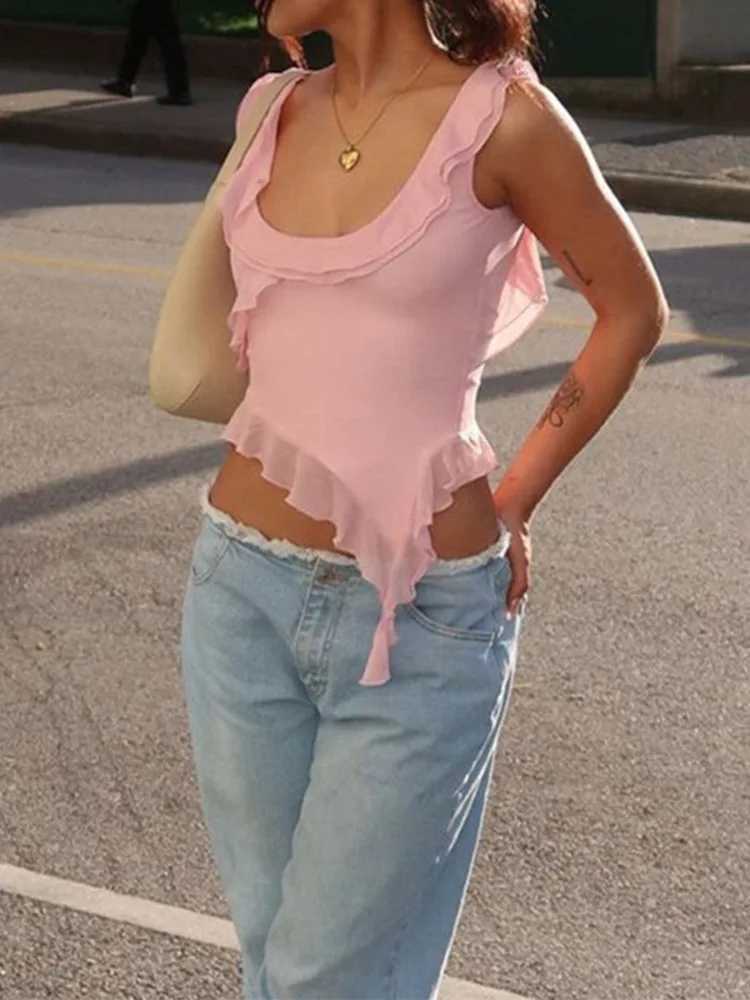 Fashion O-neck Sveless Tank Top Sexy Ruffles Backless Irregular Crop Tops Summer Casual Streetwear Women CamisXJ250212