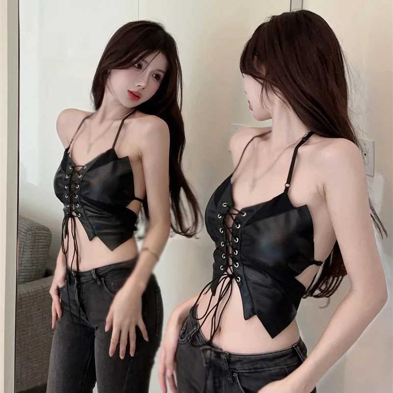 Bandage Sexy Punk Version Womens Top Slim Fashion Halter Camisole Vest Irregular Slim-Fit Backless PU Leather Top BlackXJ250212