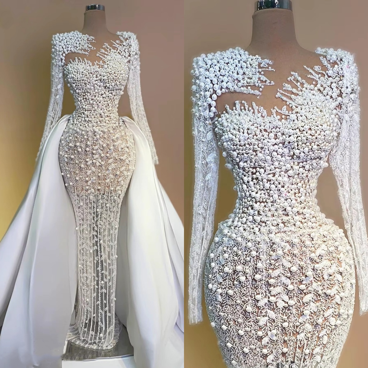 Gorgeous Pearls Wedding Dresses Sequins Mermaid Bridal Gowns with Overskirts Beading Long Sleeves Customized Princess Sweep Train Bride Dress Vestidos