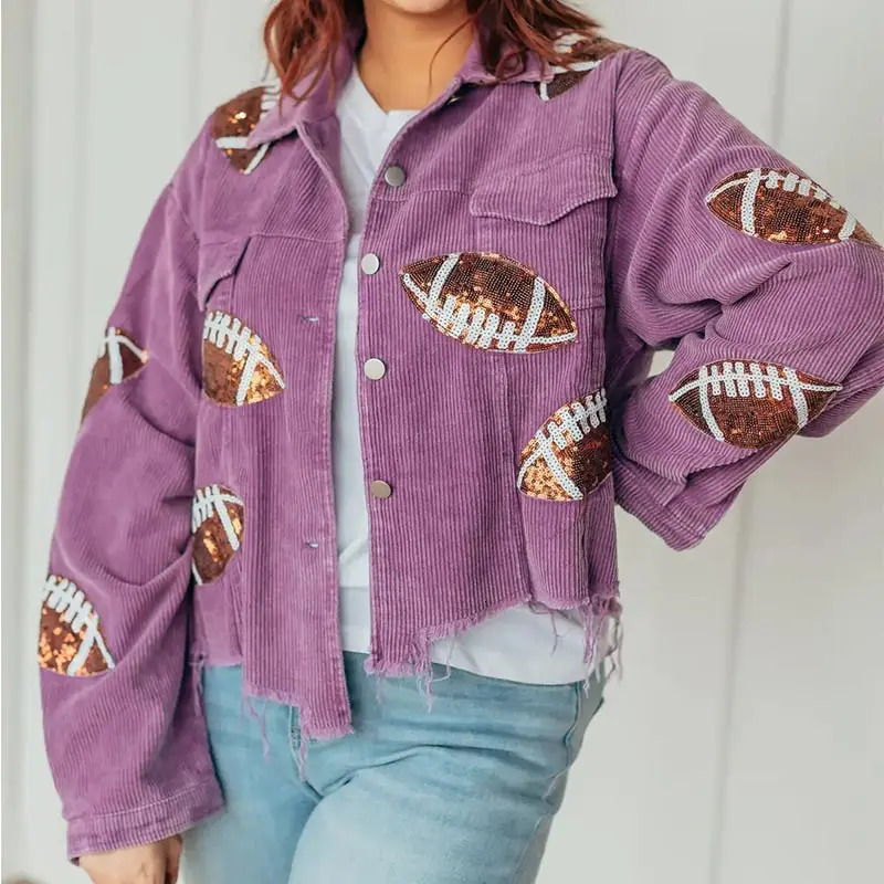 Black Football Sequin Corduroy Jacket Stadium Style Football Season Retro Turn-down Collar Autumn Jacket for Women 250116