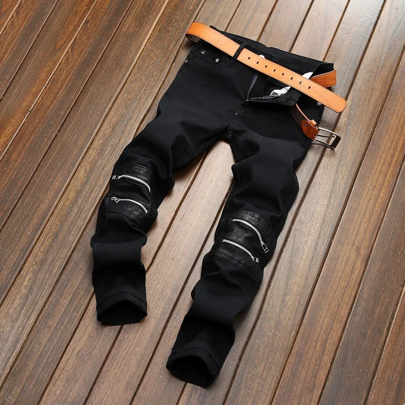 Mens Leather Zippered KneeLength Decorated Jeans Black Stretch Straight Slim Fit Casual Trendy Denim Trousers Male 250210