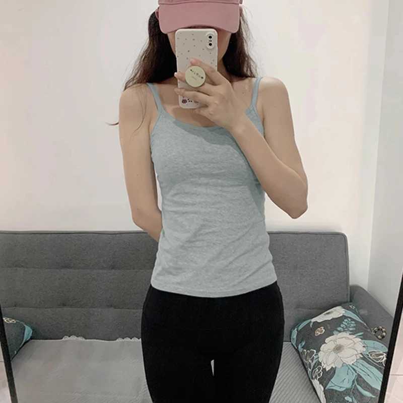 Korean Womens Solid Color Spaghetti Straps Sveless Slim Camisole With Chest PadXJ250212