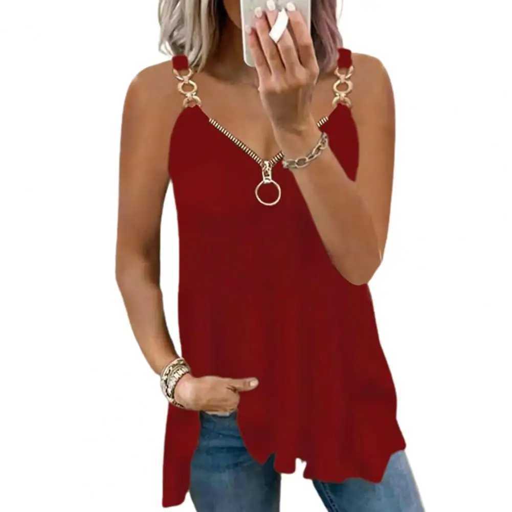 Zipper V-neck Sveless Sling Top Chain Shoulder Chain Straps Loose Fit Backless Milk Silk Solid Color Soft Vest Top StreetwearXJ250212