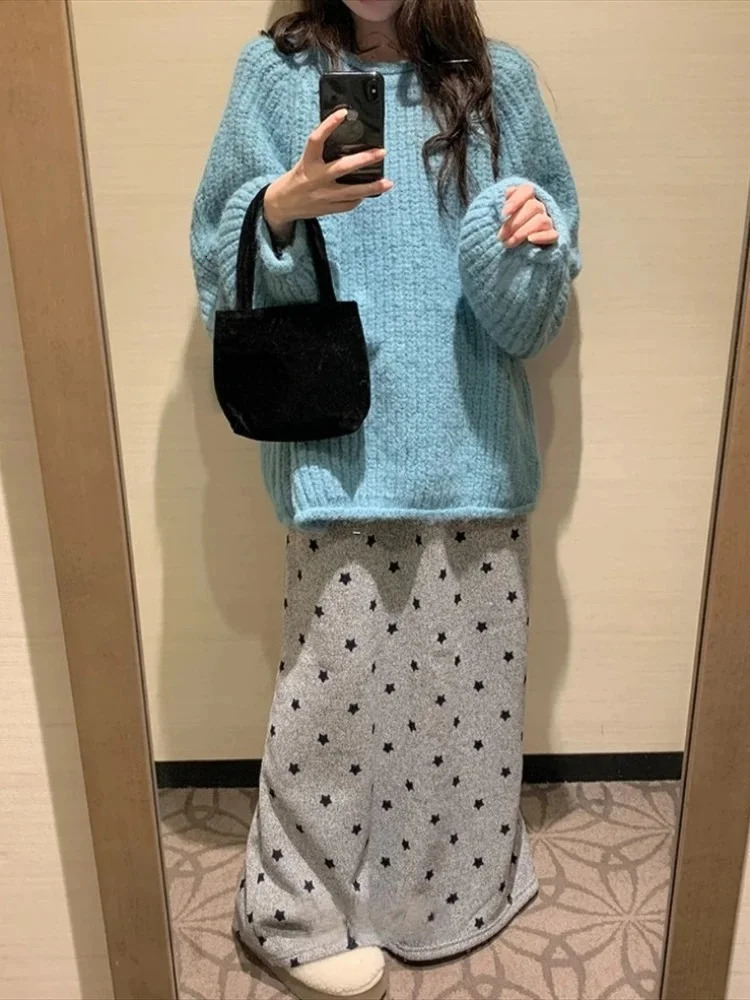 2025 Faldas Mujer De Moda Fashion Thicked Skirt Korean Long Skirts Women Elastic Waistband Bandage Jupe Star Print Casual Saia 250122