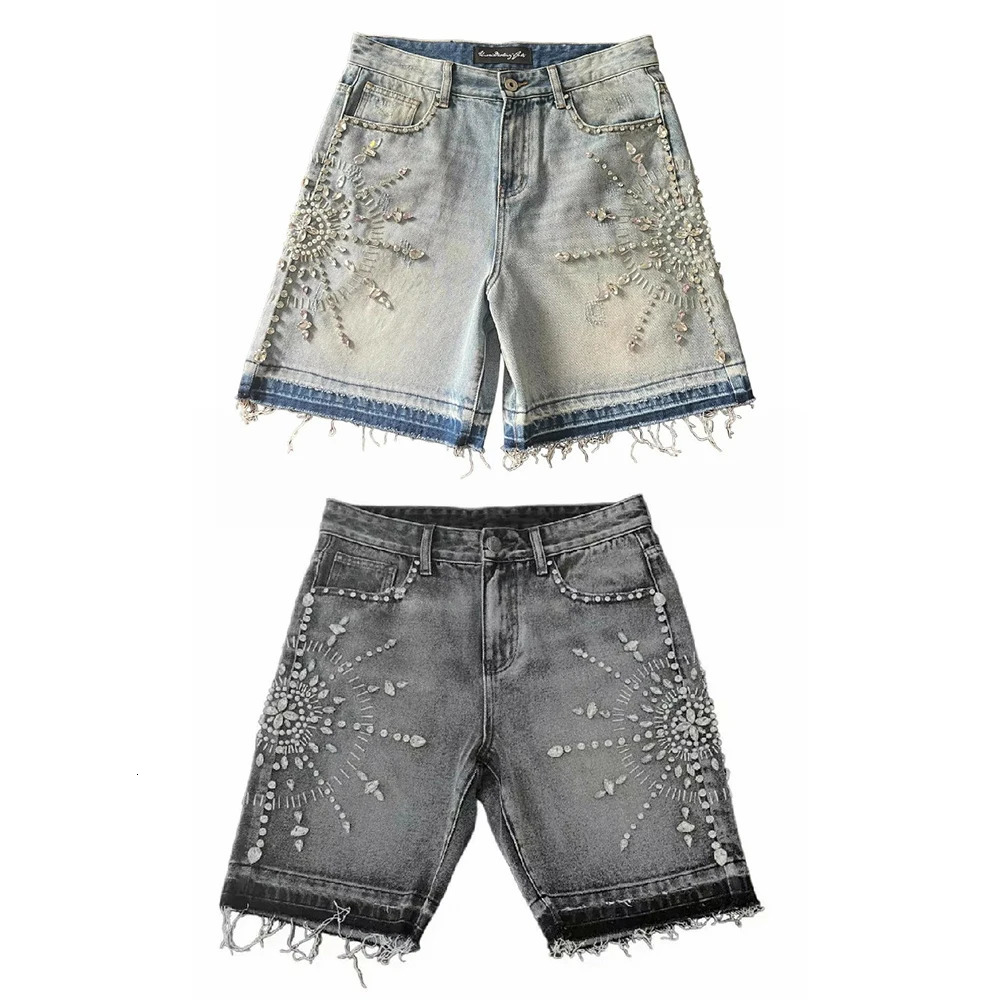 Shorts Y2K Jeans Womens Harajuku Hip Hop Gothic Rhinestone Sequin Retro Blue Baggy Denim Shorts High Waist Fashion Casual Shorts 250212