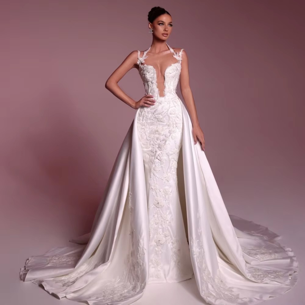 Elegant Mermaid Wedding Dress Sheer Neck Sleeveless Bridal Gowns Sequins Appliques Detachable Train Dresses Custom Made vestidos de novia