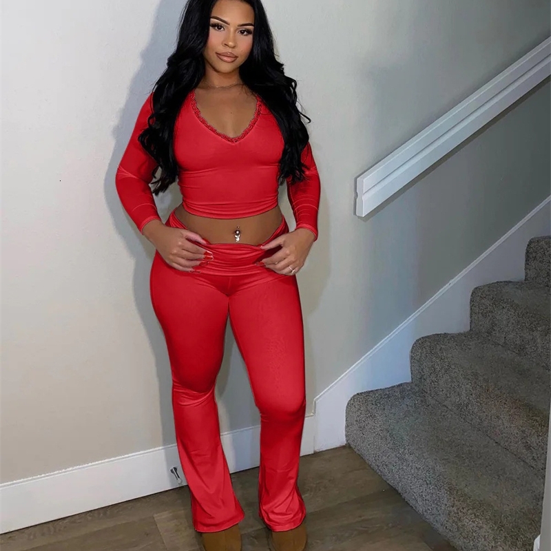 Womens Tracksuits Spring New Long Sleeved Lace V-neck Short Top High Waist Long Pants Casual Home Set 7 Colors