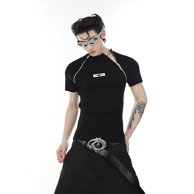 IEFB High Street Mens Fashion T-shirts Niche Deconstructed Slim Fitting Knitted Short Sleeve Metal Zipper Split n 9C670 250210
