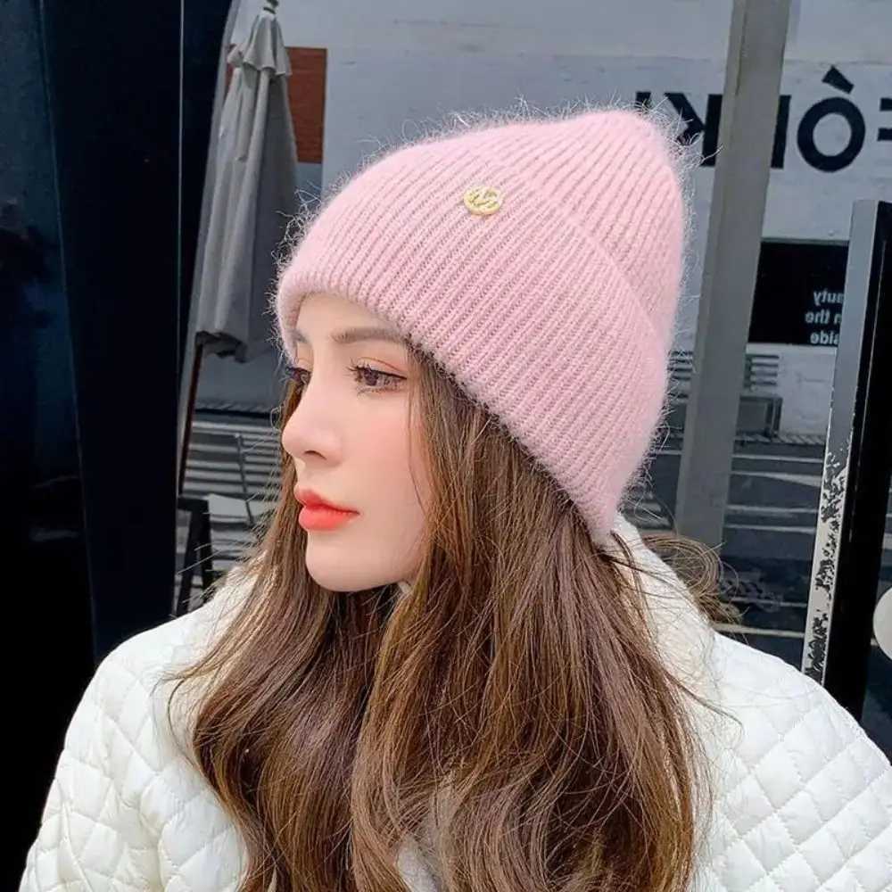 Plush Wen Winter Hat Simple Windproof Thick Warm Rabbit Fur Knitted Hat Pure Color Sklies Beanies X250212