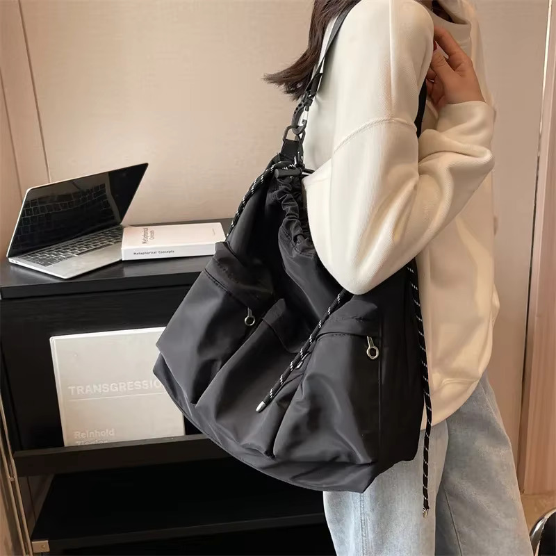 Large Black Nylon Unisex Crossbody Bag Multi-Pocket Totes String Design Travel Shoulder Bags For Women Fashion Handbags Purses