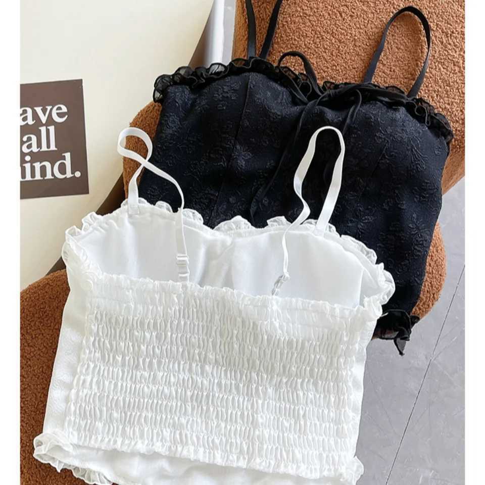 Girl Ruched Trim Crop Top Aesthetic White Black Bowknot Sling Vest Women Summer Backless Camisole Bow Tank Top Short Straps VestXJ250212