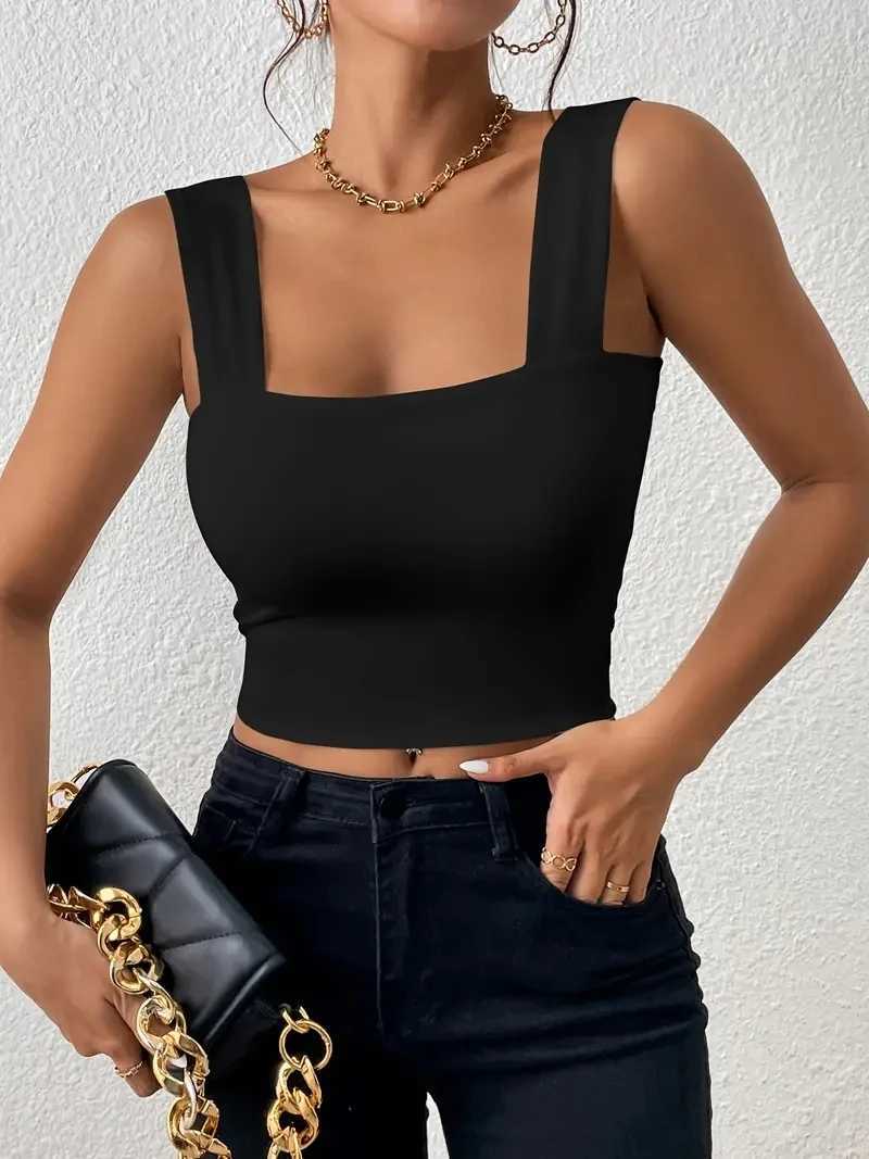 2024 Square Neck Sveless Summer Crop Top White Women Black Casual Basic T Shirt Off Shoulder Cami Sexy Backless Tank TopXJ250212