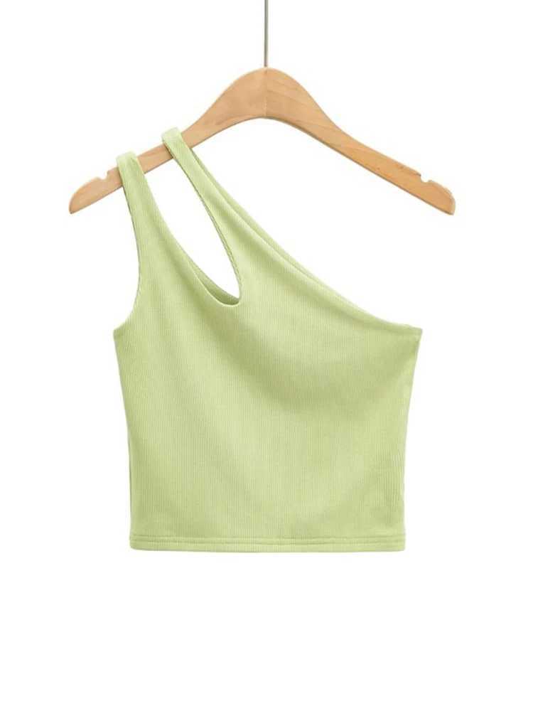2024 Sexy Womens Crop Top Solid Stretch Fit Knit Sveless One Shoulder Hollow Out Basic Backless Tank TopXJ250212