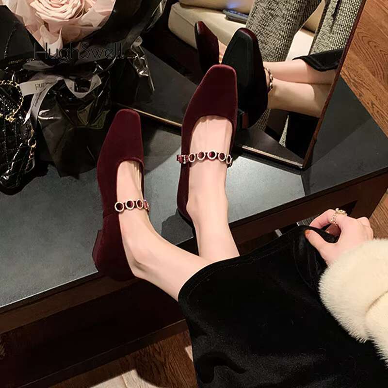 Rhie Buckle Veet Mary Janes Woman Elegant Square Toe Velour Ballet Flat Ladies Brand Design Crystal Evening Shoes