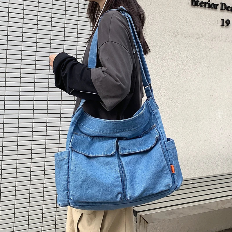 Preppy Style Denim Messenger Bags For Women Handbag And Purse In Multiple Pockets Unisex Cloth Shoulder 250207