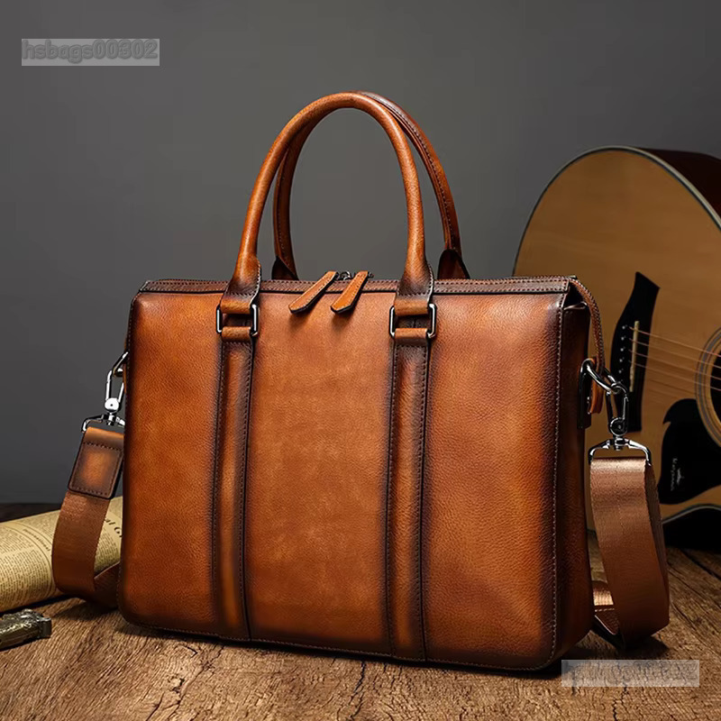 Men's Vintage Handmade Genuine Leather Handbag Plant Tanning Head Layer Cowhide Briefcase Business Computer Men Shoulder Bag