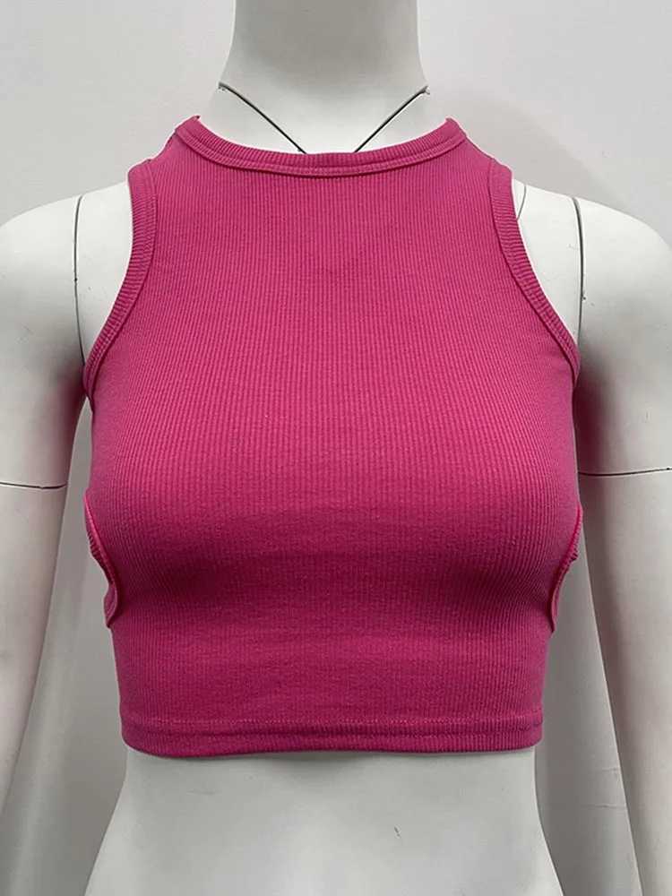 2023 Summer Solid Color Sveless T Shirt Womens Side Hole Knitted Tops Knitted Tops Basic Wear StreetwearXJ250212