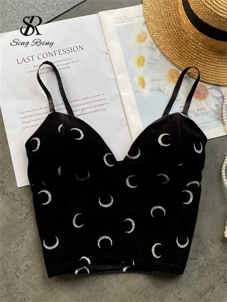 SINGREINY Women Retro Velour Strap Tops Summer V Neck Sveless Backless Slim Tank Top Chic Print Sexy Off Shoulder Short CamisXJ250212