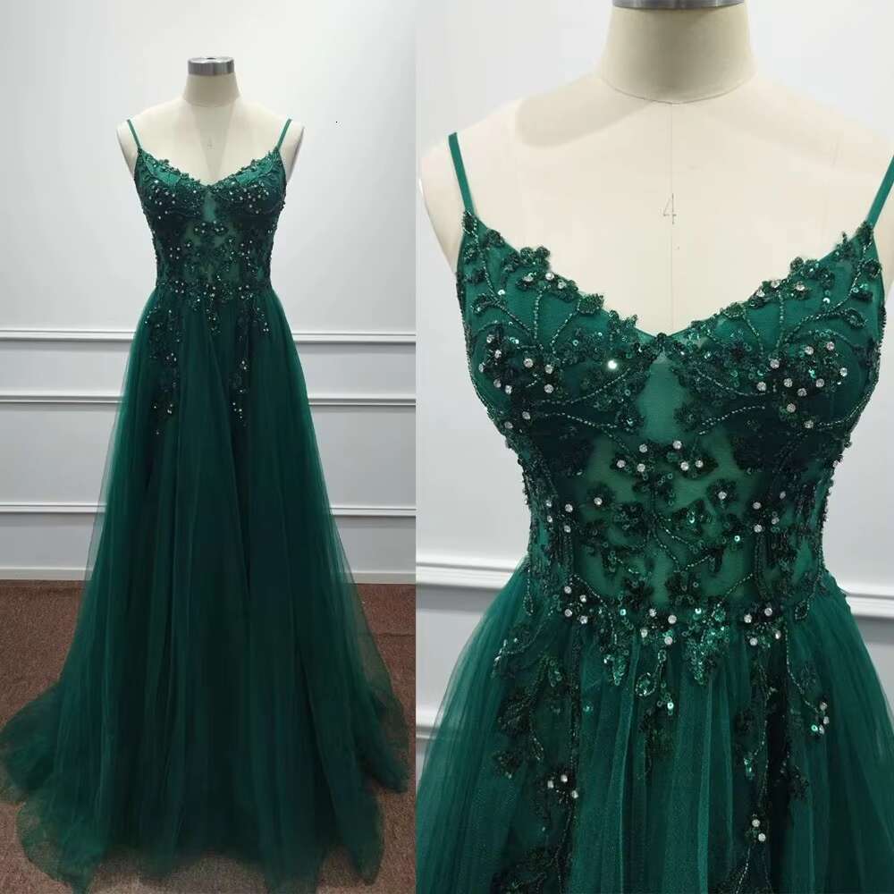 Dark Green Straps Soft Tulle Evening Dresses Beaded Sequin Appliques Crystal Formal Party Prom Gowns Vestido