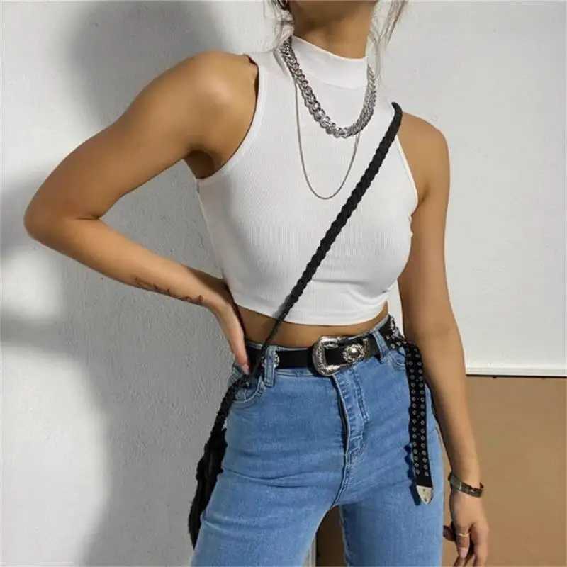 Summer Black Women Fashion Crop Top High Neck White Sveless Tank Tops Streetwear BasicXJ250212