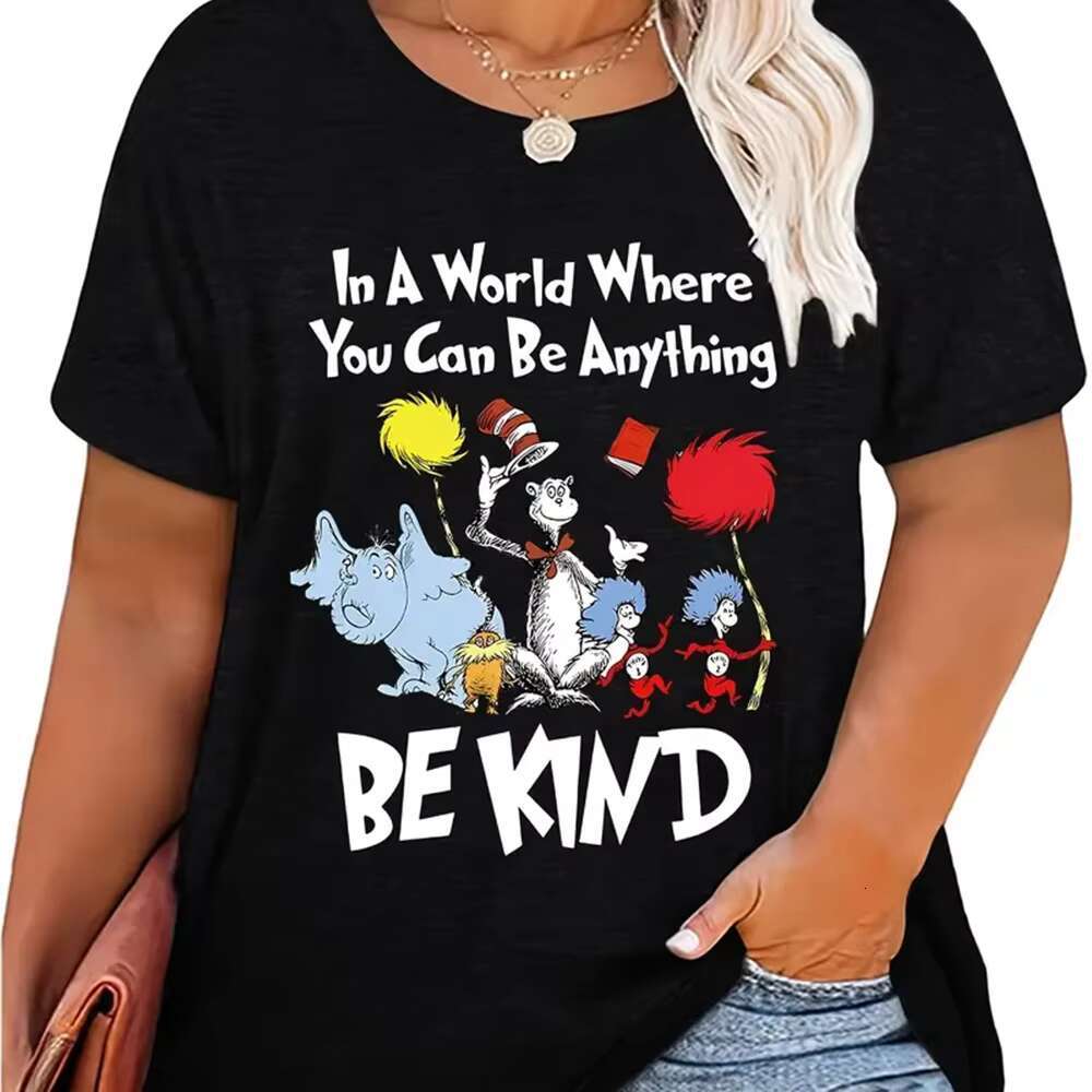 Size Casual T-Shirt Women's Plus Animal & Letter Print Short Sleeve Round Neck Medium Stretch Top
