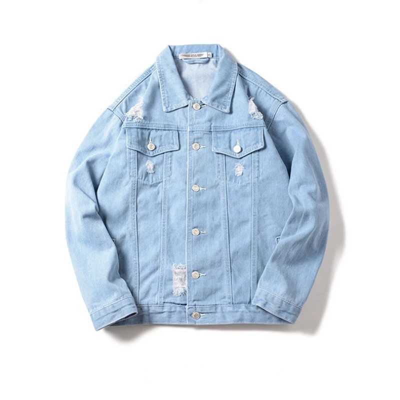 Spring and Autumn New Mens Casual Loose Work Coat Trendy Hole Denim Jacket X250213