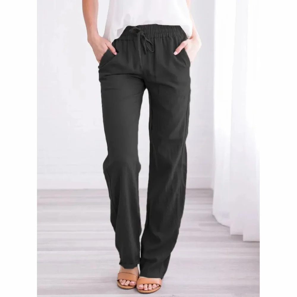 Women Cotton Linen Drawstring Pants Elastic Waist Casual Solid Color Trousers Baggy Loose Straight Leg Breathable Sweatpants 250211