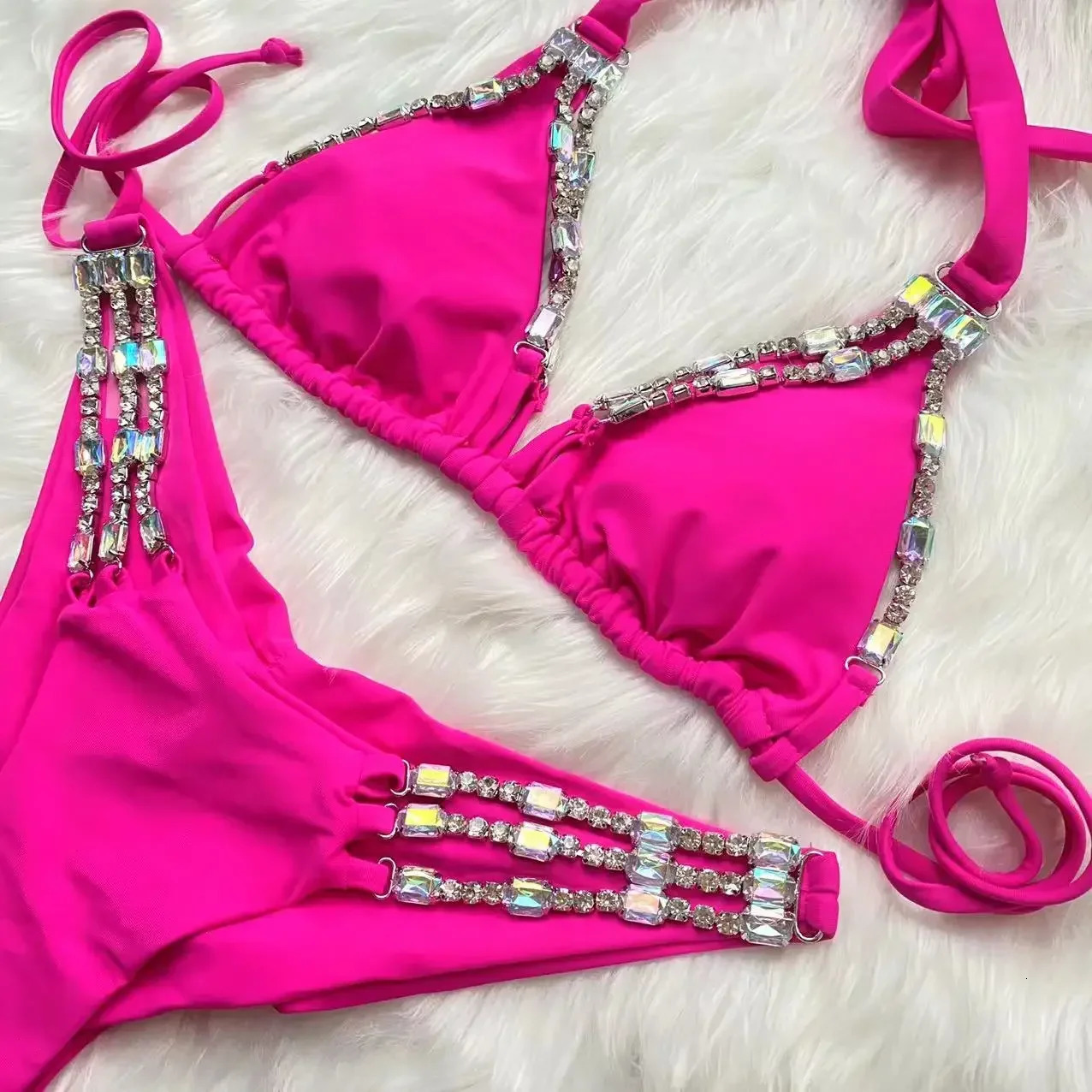 Rhinestone Bikini Women Sexy Pink Diamond Lace Up Halter Swimsuit Metal Chain Beach Bathing Suit Push Up Swimwear 250213