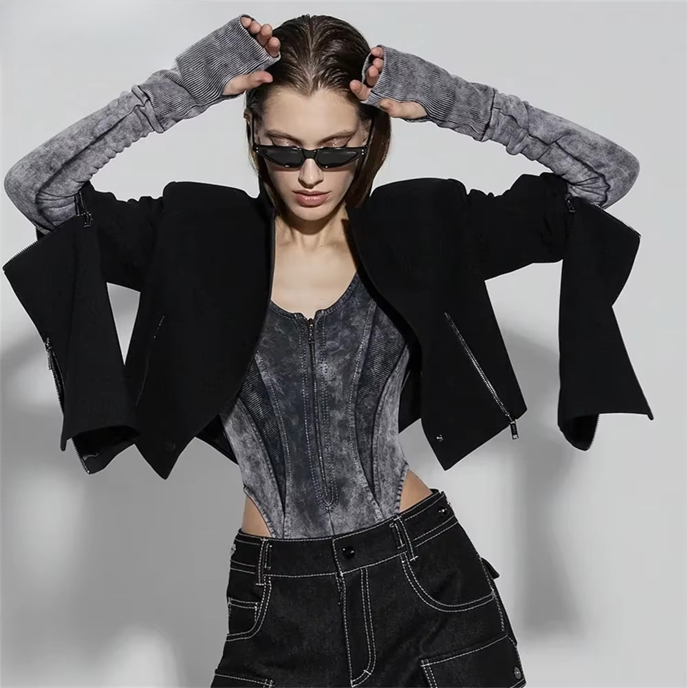 Zekye Distressed Retro Grey Patchwork Zipper Bodysuit Women Outfit High Waist Qulited Streetwear Y2k Grung Cloth Long Sleeve