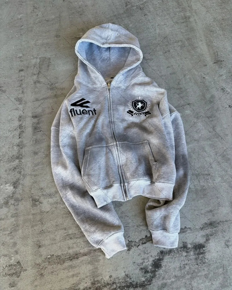 American retro letter printed zipper hoodie street punk Harajuku casual oversized sportswear mens fashion street clothing set 250210