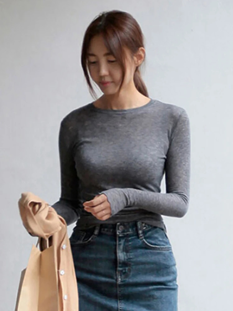 Slim High Quality Plain T Shirt Women Cotton Elastic Basic Tshirts Female Casual Tops Long Sleeve Sexy Thin Tshirt see through 250114