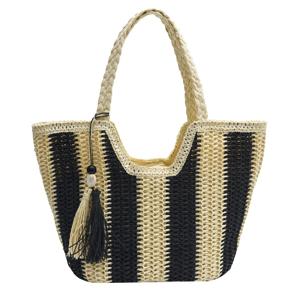 Striped Straw Beach Bag Large Vacation Bag Woven Holiday Travel Handbag with Tassel for Women Work Travel Vacation 250207