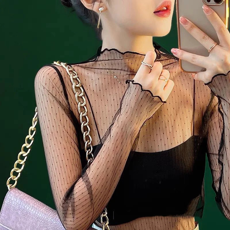 Transparent Mesh Ladies Tops Sexy Women O Neck Turtleneck TShirts Sheer Blouses For WomenLong Sleeve Shirt Crop Top 250114