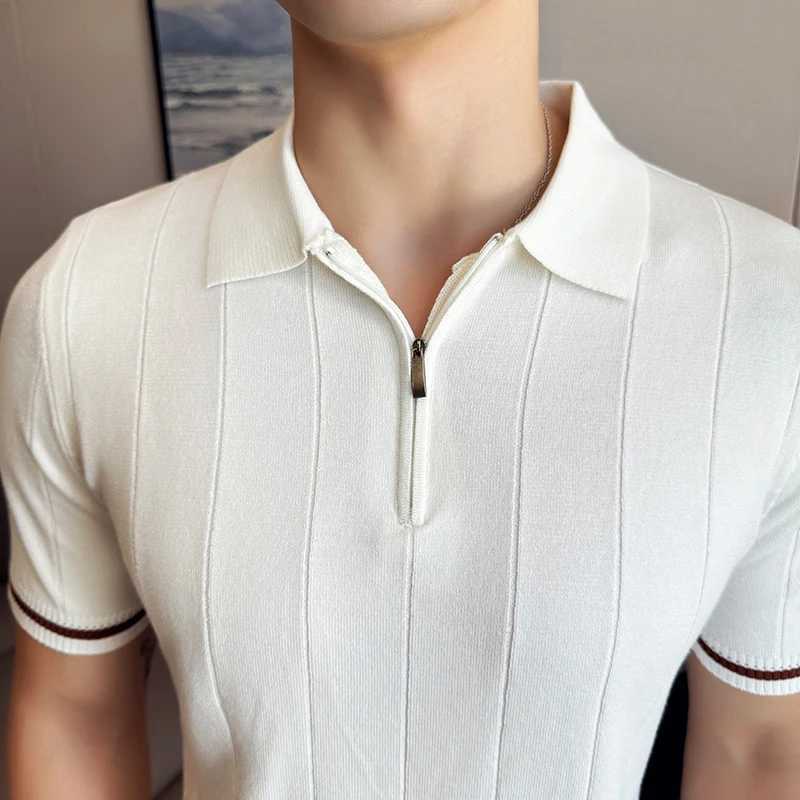 High Elastic Slim Fit Men Short Sleeve Knitted Polo Shirt 2024 Summer Light Thin Solid Striped Casual Lapel T-shirt Men Clothing X250213