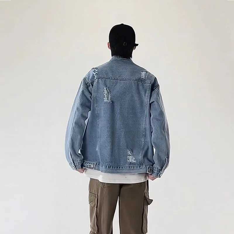 Mens Hole Jeans Jacket Black Blue Denim Coat Casual Outerwear Fashion Outfit for Men Retro Clothing X250213